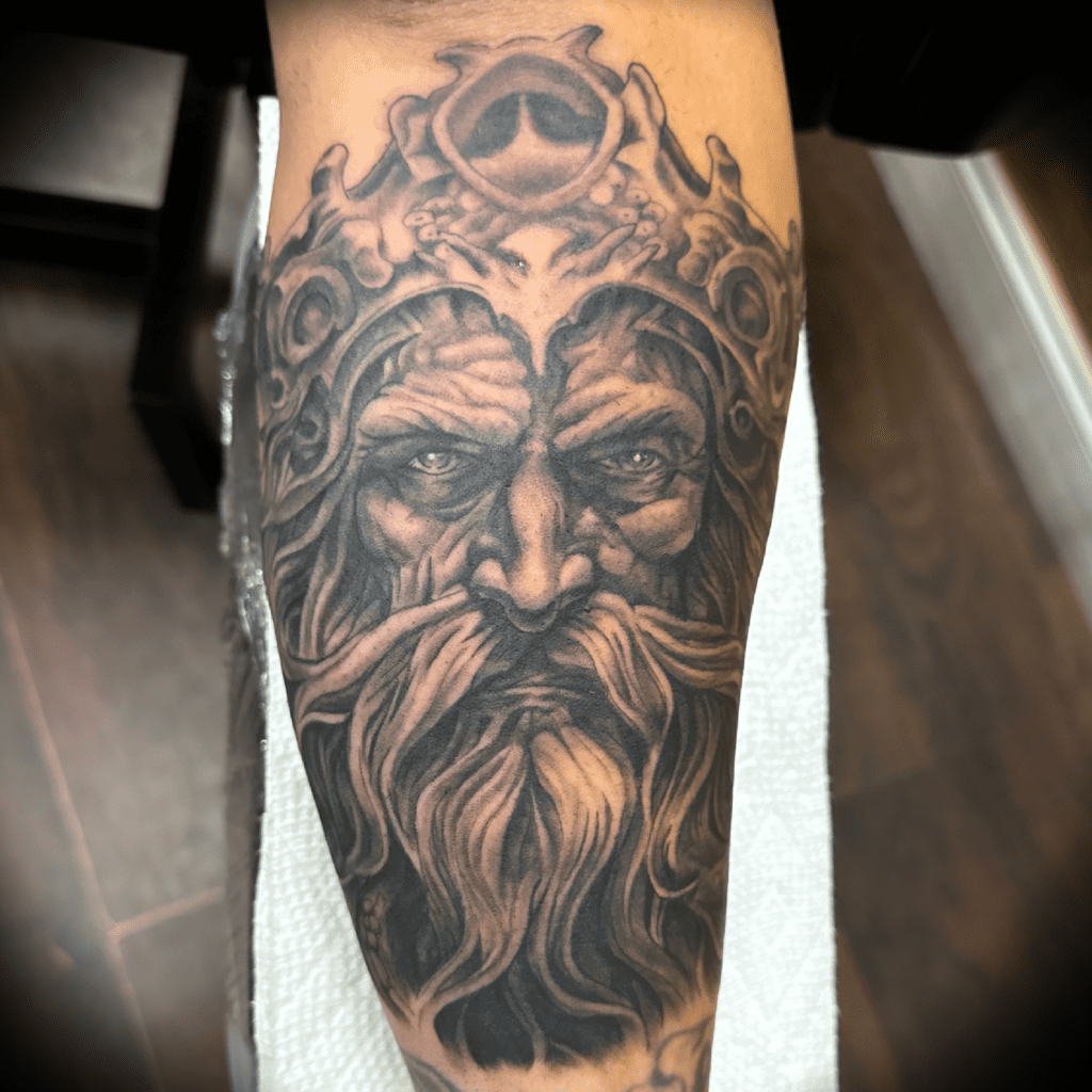 Black and grey realism portrait of Poseidon