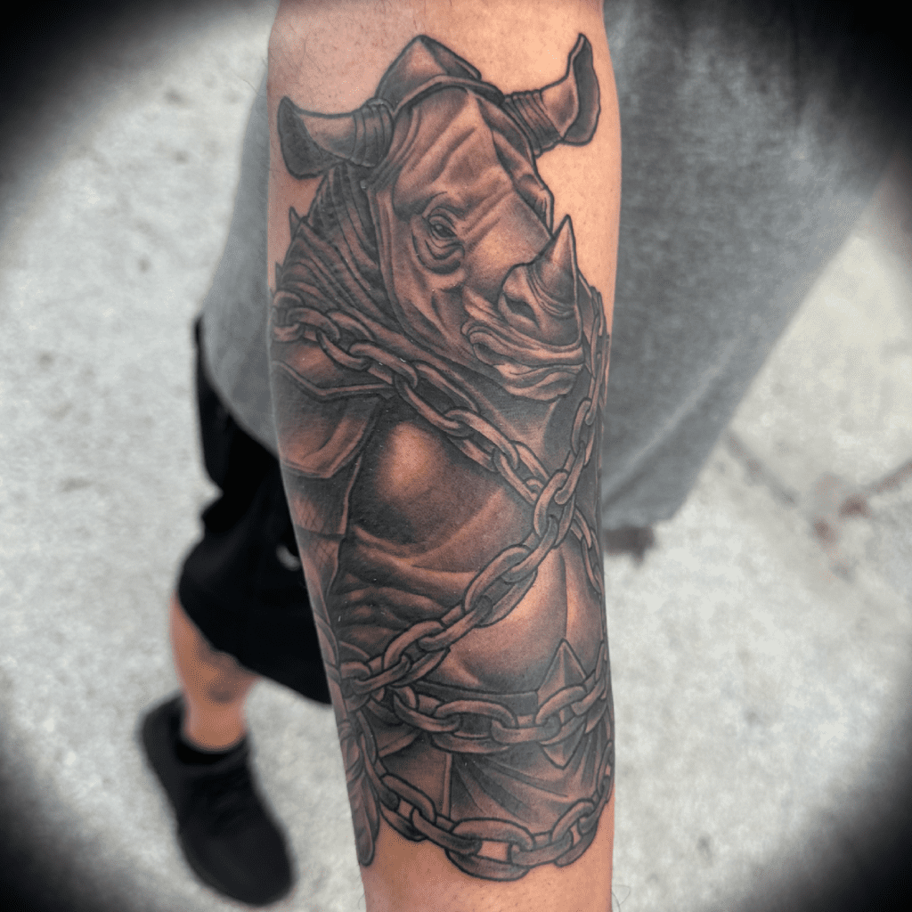 Black and grey rhino in chains