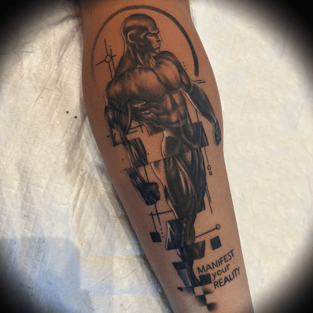 Glitched metal man tattoo