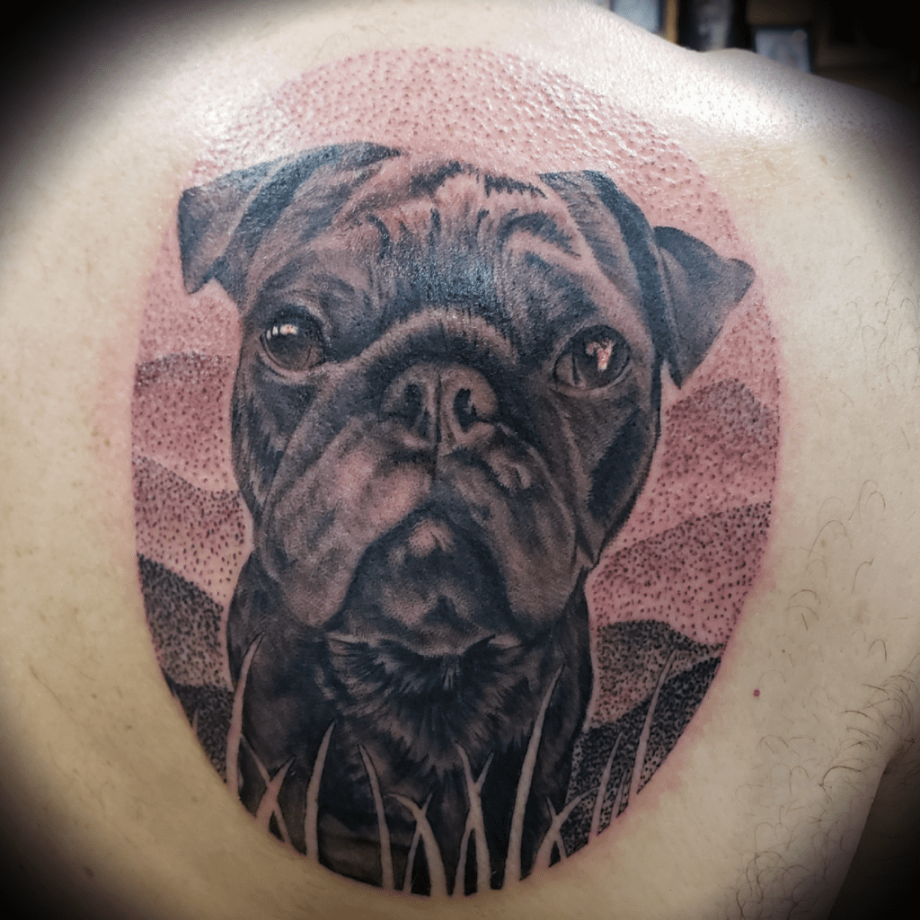 Tattoo portrait of a pug