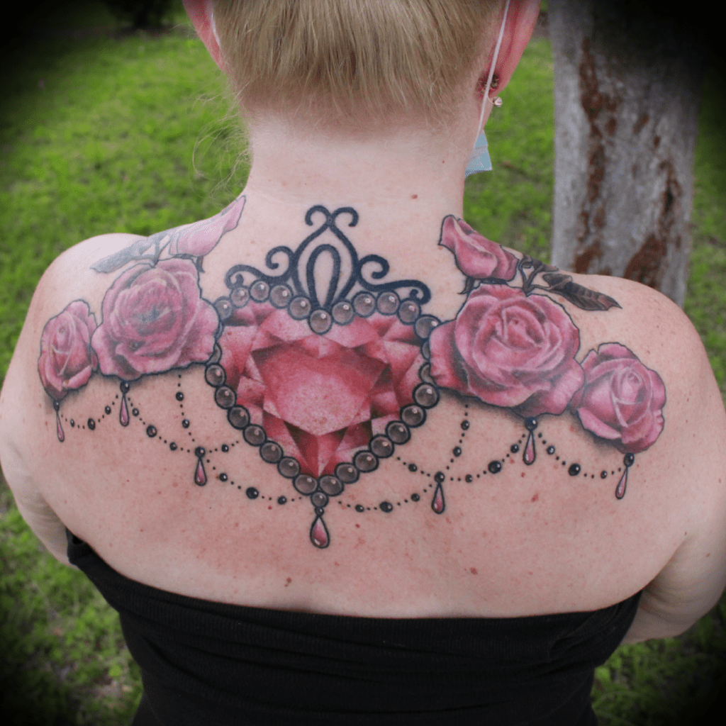 Diamond heart and roses tattoo